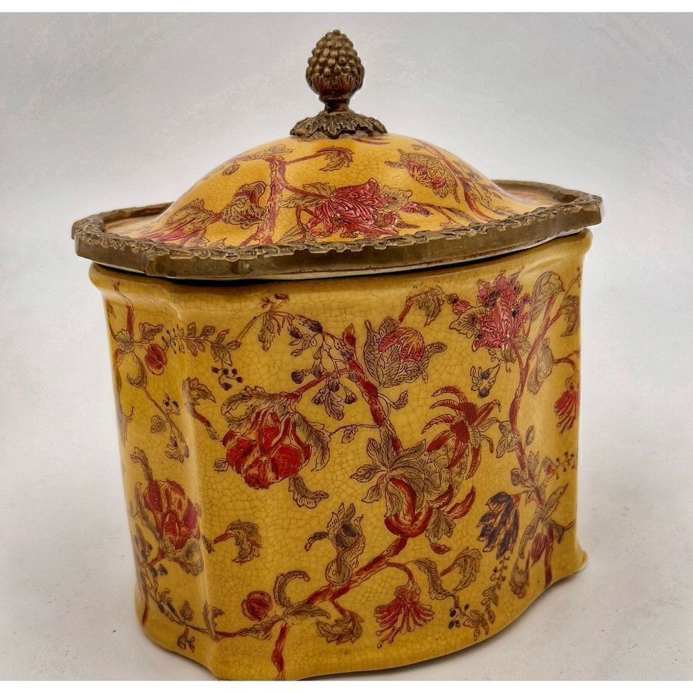 Rare Vintage Mark Roberts Porcelain Trinket Box With Lid Floral Design Copper